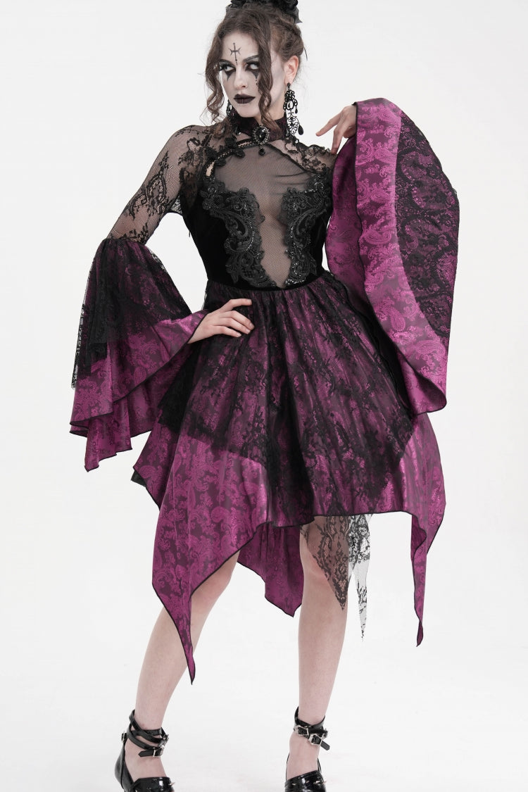 Black/Purple Long Sleeves Embroidery Lace Lace-Up Irregular Sheer Mesh Women's Gothic Dress