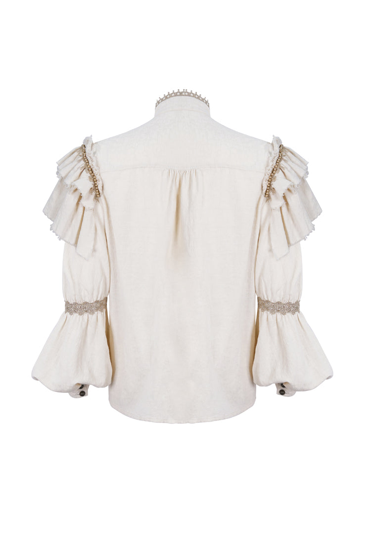 Beige Stand Collar Lantern Sleeves Multi-layer Ruffle Men's Gothic Blouse