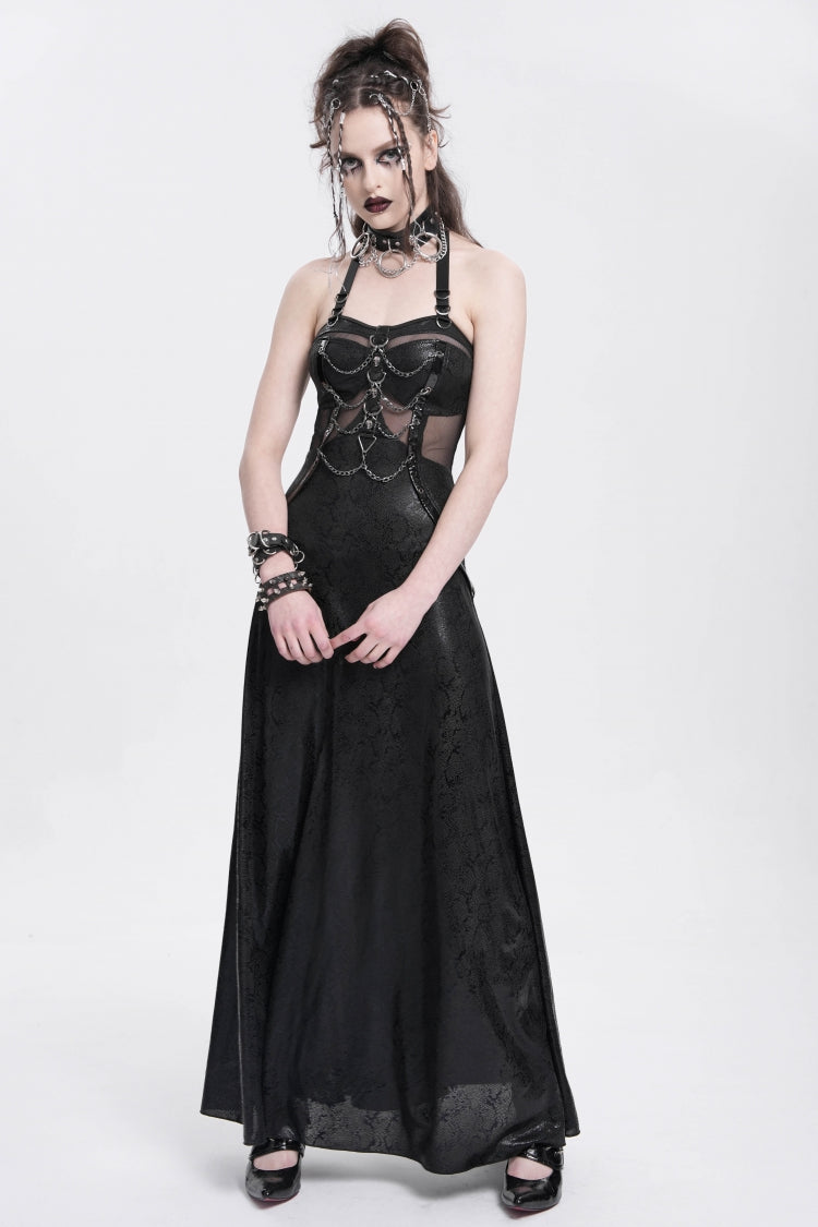 Black Halterneck Stitching Mesh Chained Women's Punk Dress