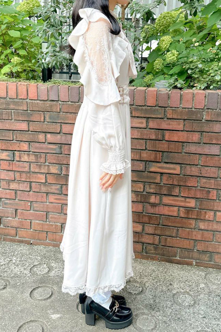 White Stand Collar Off Shoulder Long Sleeves Hollow Bowknot Slim Jirai Kei Japanese Dress