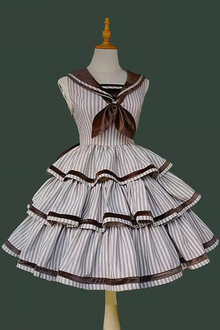 [From the Other Side] Sleeveless Triple-Layered Vertical Stripes Print Print Ruffle Bowknot Sweet College Style Lolita Jsk Dress