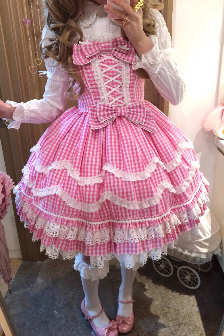 Pink Plaid Print Ruffle Bowknot Lace-Up Sweet Lolita Dress