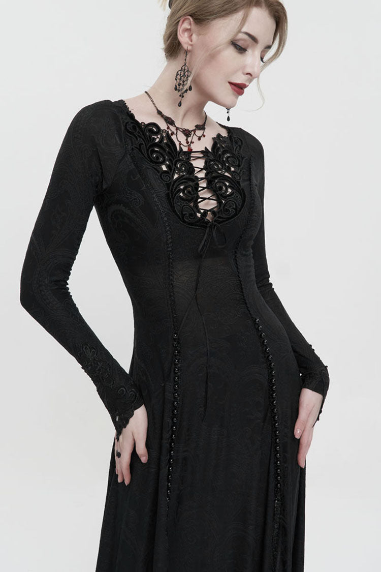 Schwarzes langärmliges, langes, symmetrisches Strick-Applikations- und Kordelzugkleid auf der Brust für Damen im Gothic-Stil