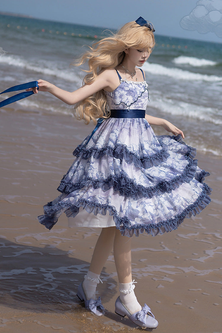 Mehrfarbiges, mehrlagiges, süßes Lolita-JSK-Kleid mit Rüschen und Schleife im Cumulonimbus-Print