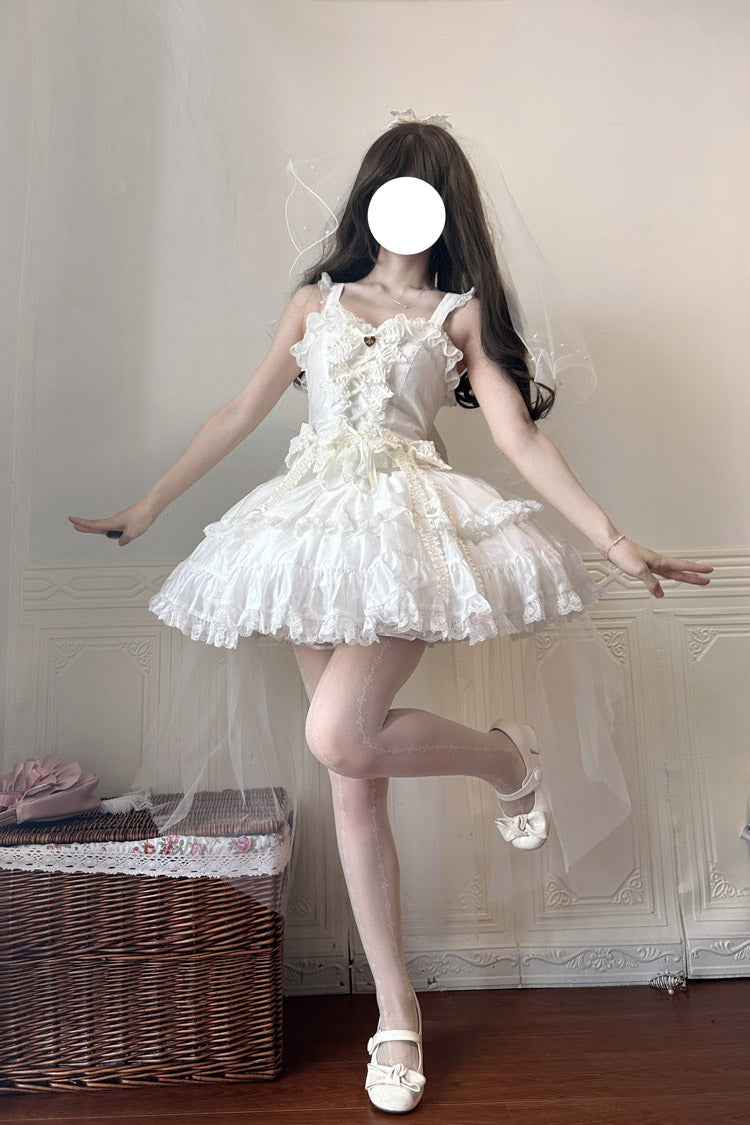 White [Sweetheart Splolita] Ruffle Bowknot Lace-Up Sweet Lolita Skirt Set