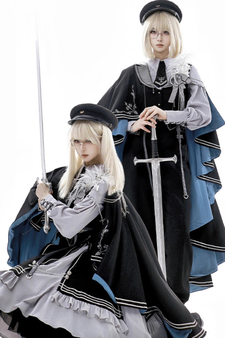 Black/Blue [Dark Night Contract] Long Sleeves Prince Handsome Ouji Lolita Blouse Pants Vest Set