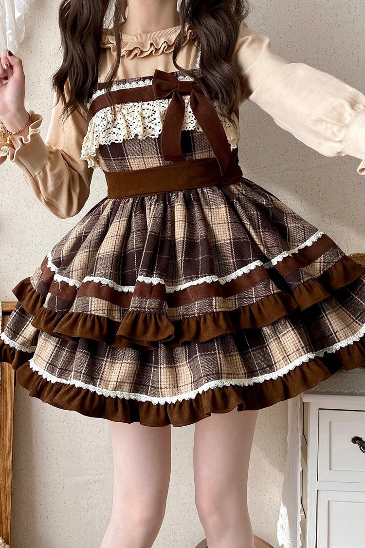 Braun [Karamellkakao] Süßes Lolita Jsk Kleid mit doppellagigem Druck und Rüschen und Schleife