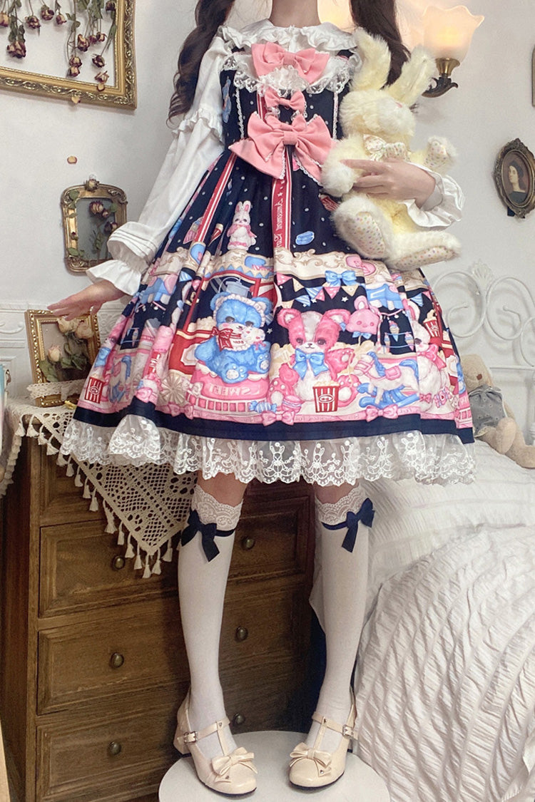 Black/Pink Doll Playground Print Ruffle Bowknot Sweet Lolita Jsk Dress