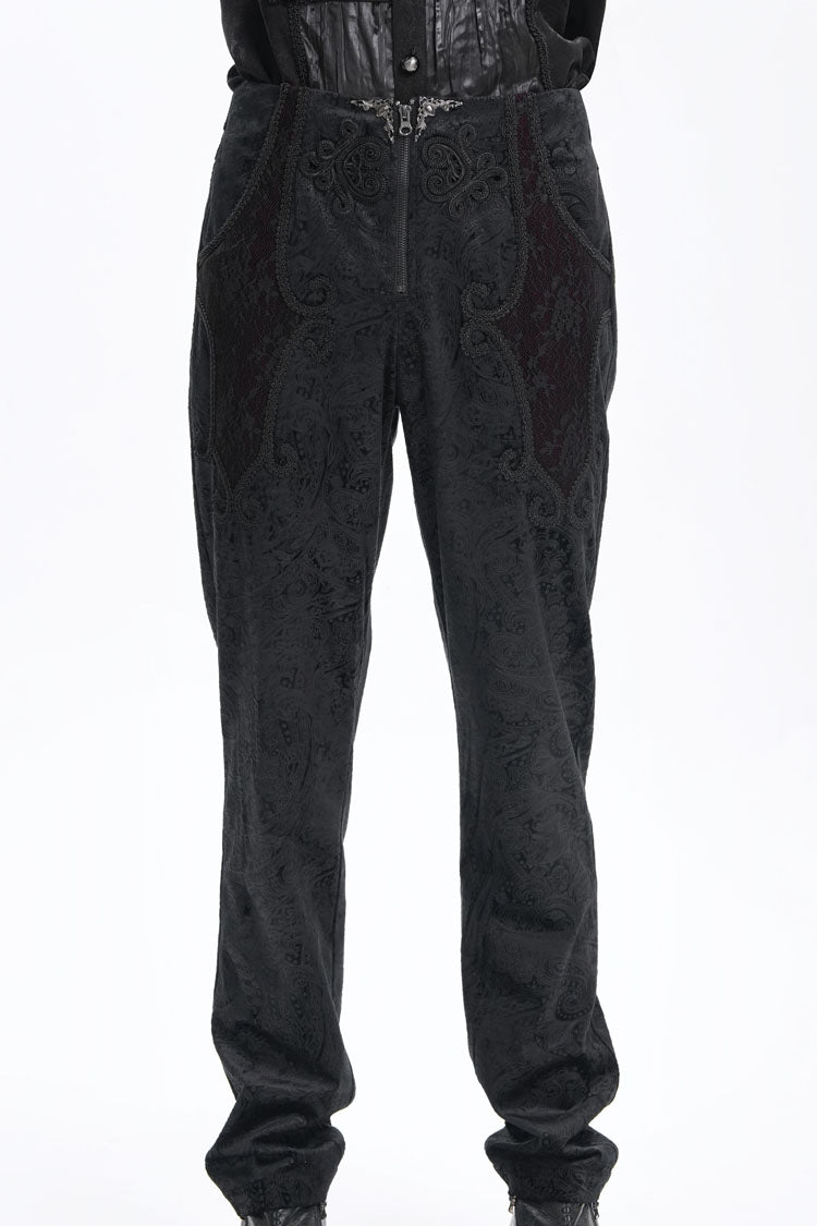 Black Floral Branded Print Embroidery Zipper Men's Gothic Pants