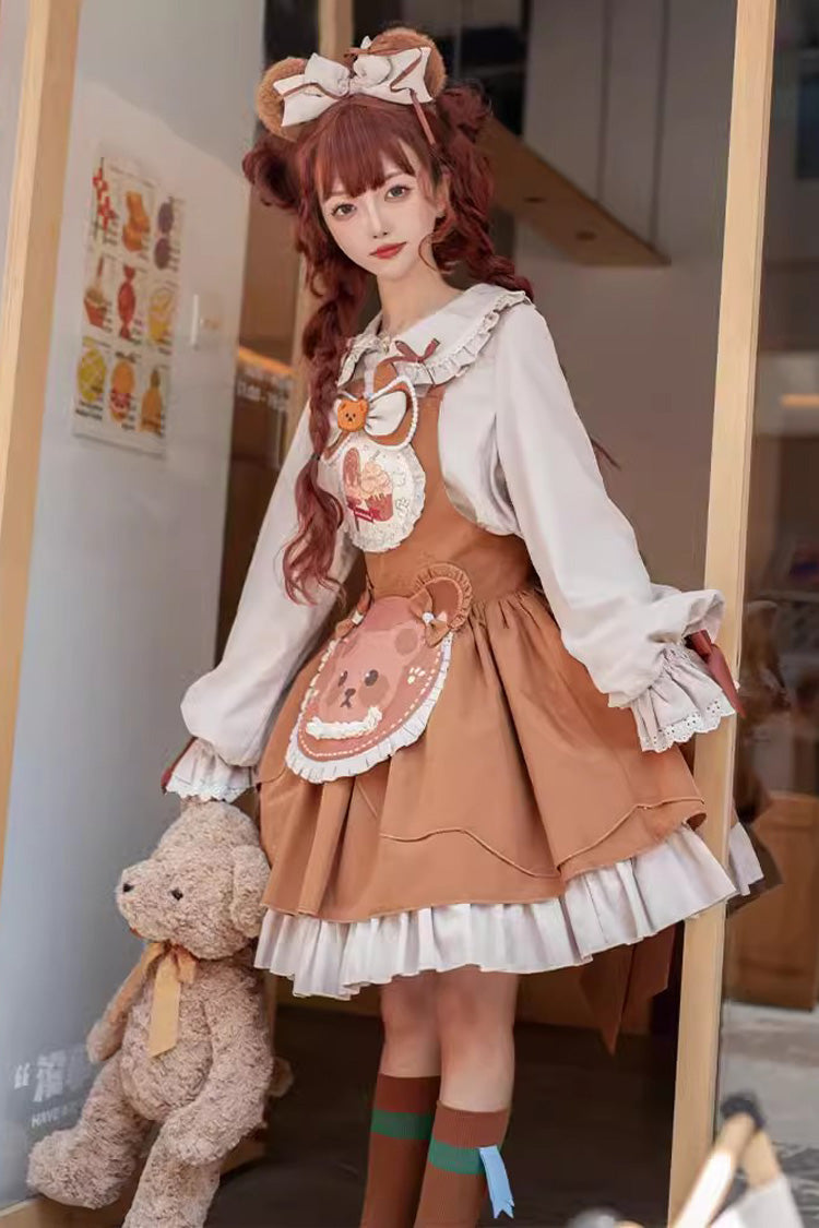 Brown Cookie Bear Multi-layer Print Ruffle Bowknot Sweet Lolita Dress