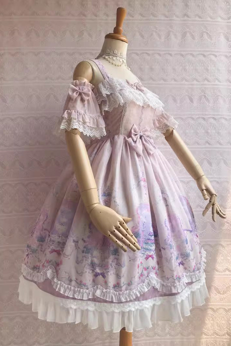 Süßes Lolita-JSK-Kleid mit Rüschen und Schleife im Unicorn's Secret Garden-Print, 7 Farben