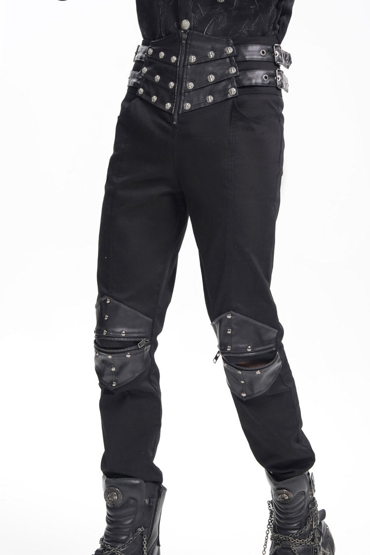 Black Stitching Buckle-up Studs Men's Gothic Pants