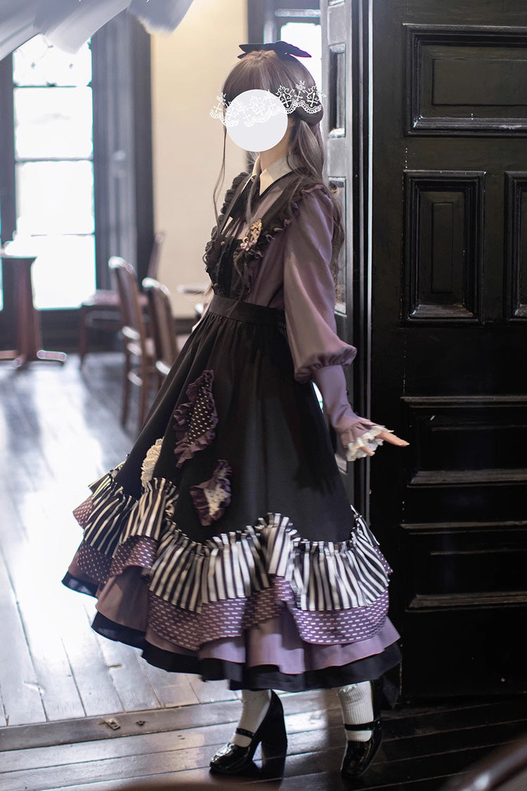 Schwarzes [Witch Academy] Doppellagiges, süßes Lolita-Pulloverkleid mit Streifenmuster, Rüschen und Schleife