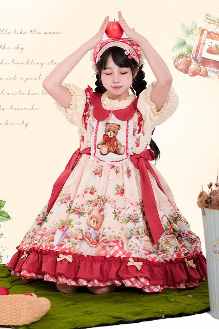 Red [December Strawberry Bear] Print Ruffle Bowknot Sweet Lolita Dress