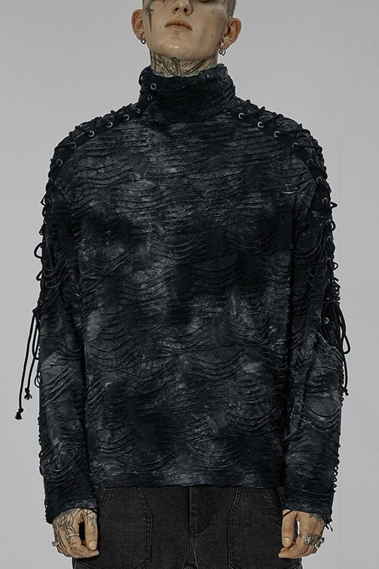 Black/Blue Punk Post Apocalyptic Turtleneck Tattered Tie Dye Print Lace Up Long Sleeve Men's T-Shirt