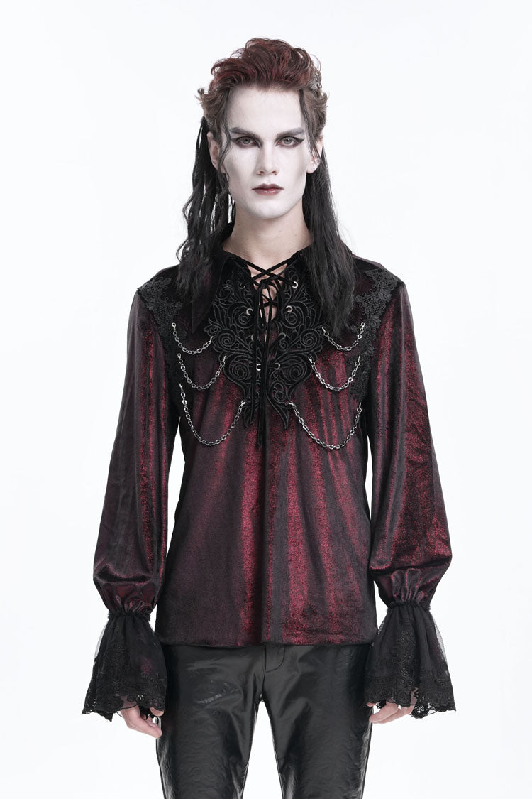 Wine Red V Collar Long Sleeves Lace-Up Chain Men's Gothic Blouse