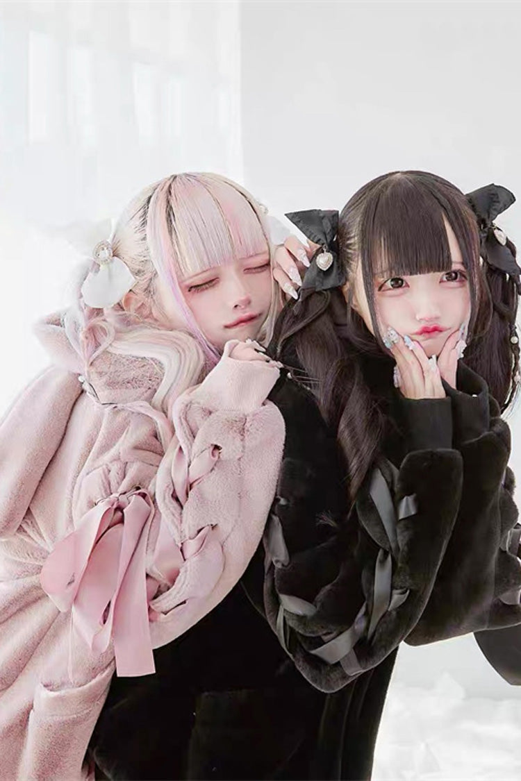 Pink Rabbit Ears Long Sleeves Bowknot Lace-Up Hooded Jirai Kei Coat