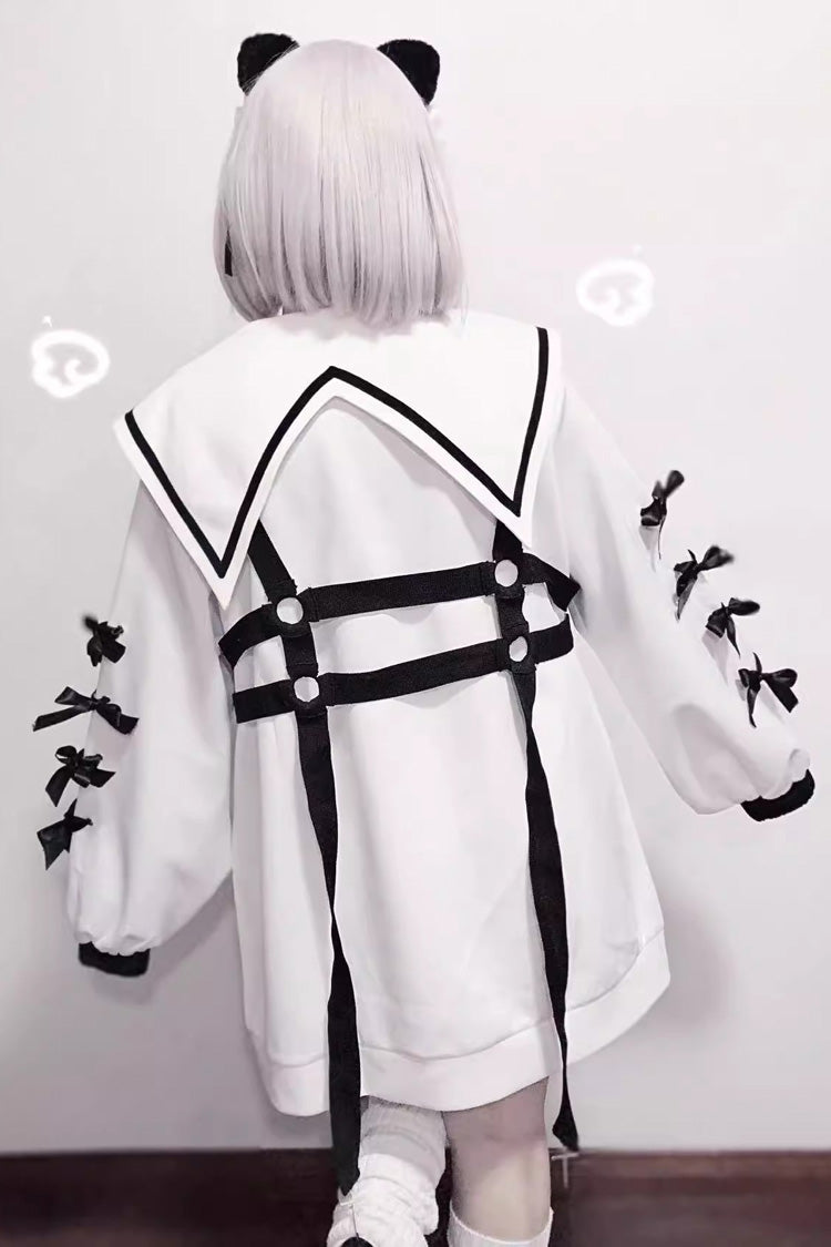Sailor Collar Long Sleeves Cross Print Bowknot Sweet Jirai Kei Coat 3 Colors