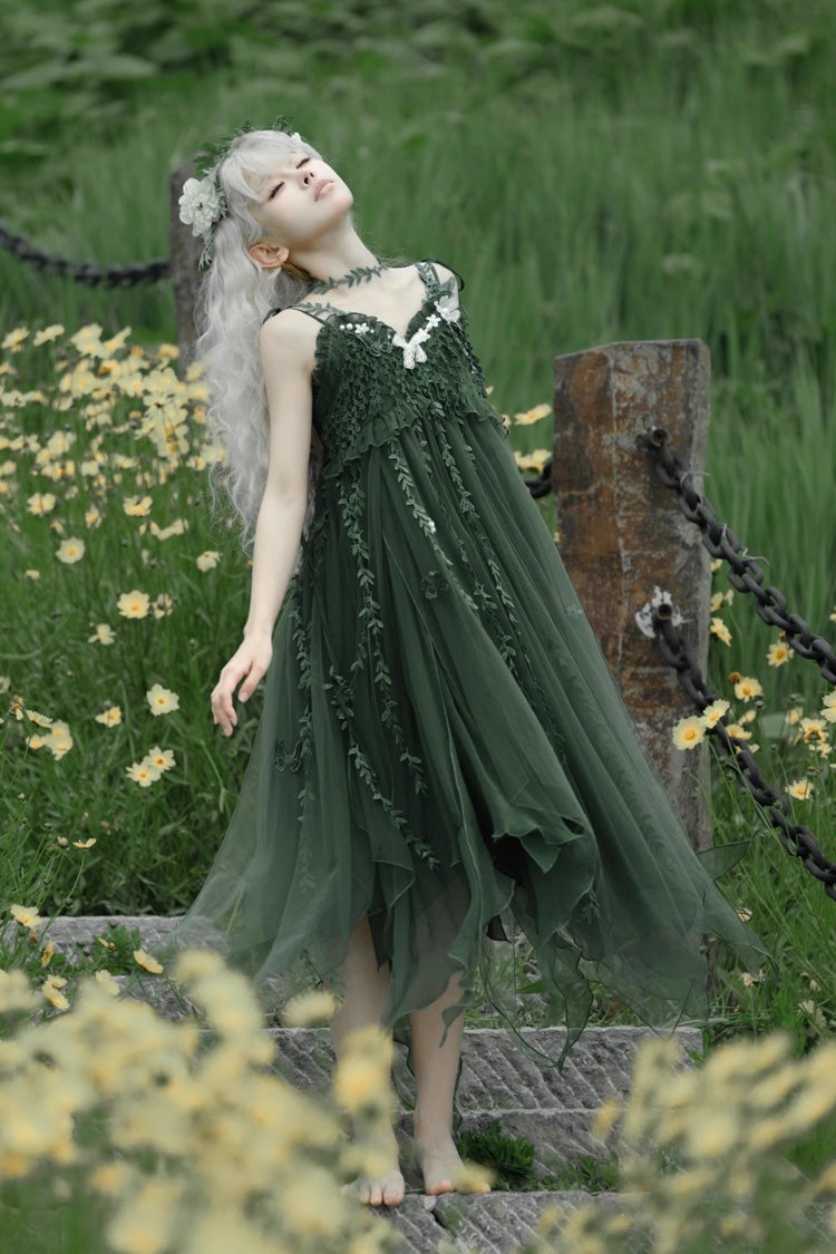 Green Forestry Asymmetric Hem Sweet Chinese Style Lolita Jsk Dress