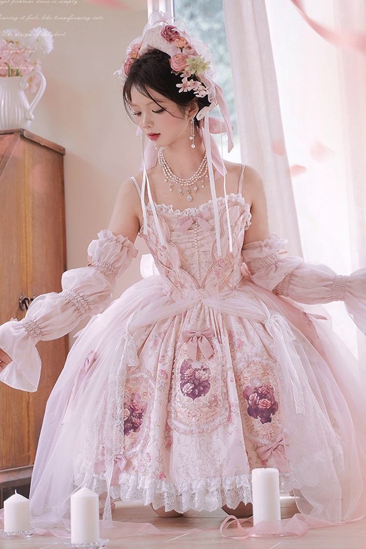 Rosa [Rosenfenster] Druck Rüschen Bowknot Spitze süßes elegantes Prinzessin Lolita Jsk Kleid