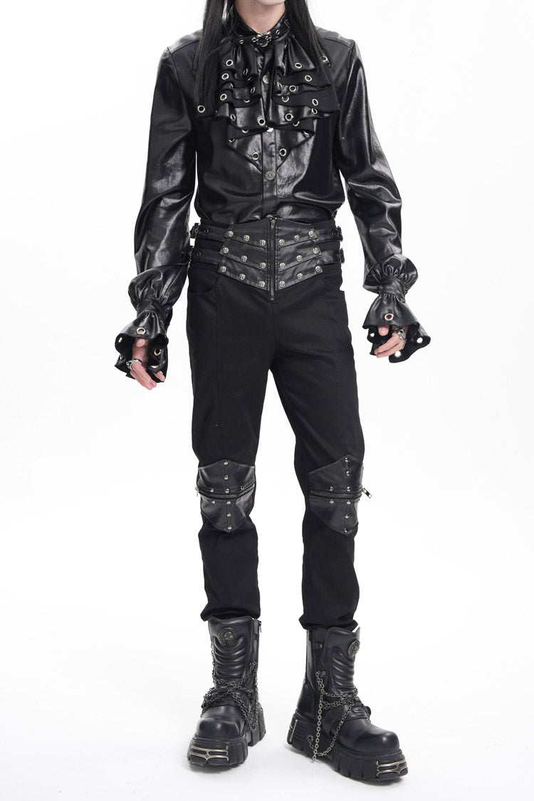 Black Stitching Buckle-up Studs Men's Gothic Pants