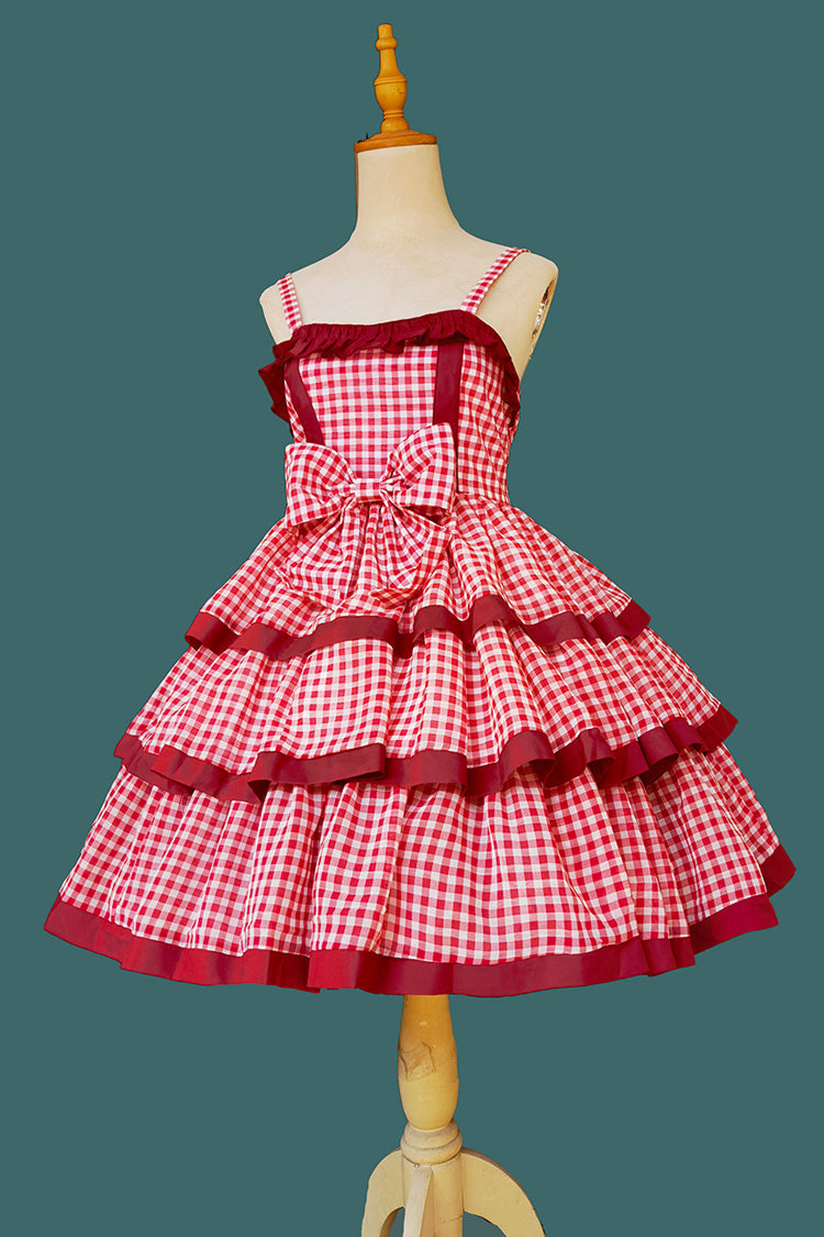 Rotes [Cloth Cat] Süßes Lolita-Kleid mit dreilagigem Karomuster, Rüschen und Schleife