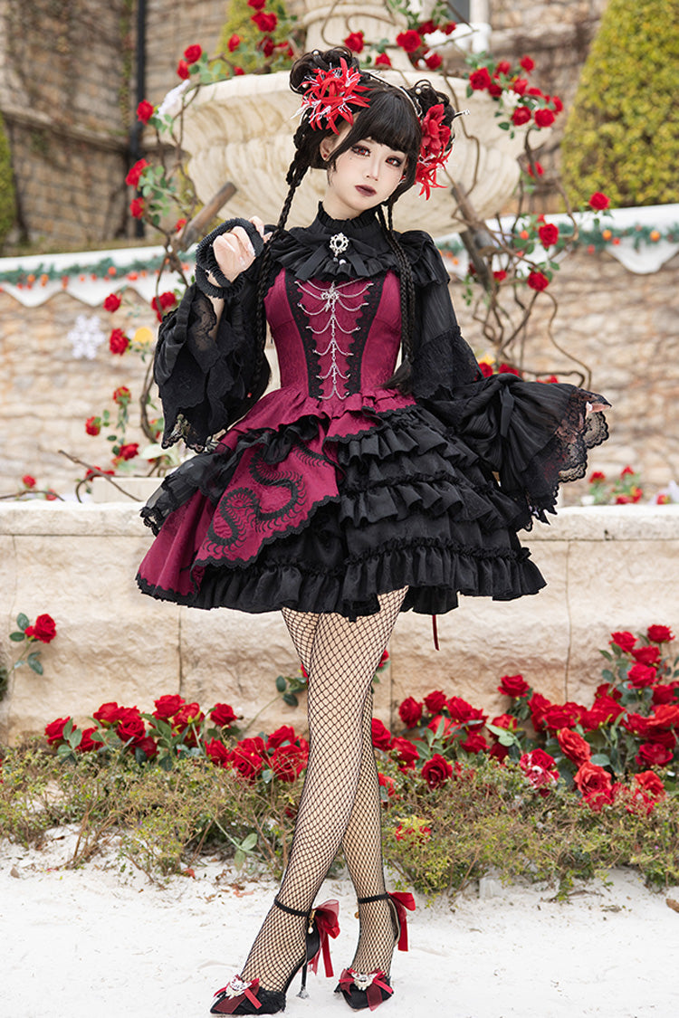 Black/Red Multi-Layered Ruffle Bowknot Lace Asymmetric Gothic Lolita Jsk Dress