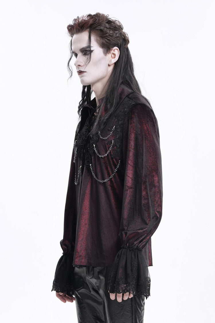 Wine Red V Collar Long Sleeves Lace-Up Chain Men's Gothic Blouse