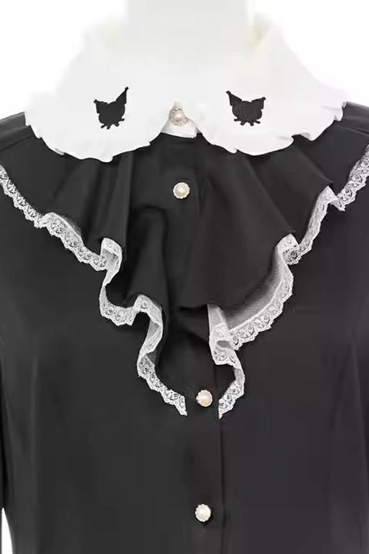 Black Long Sleeves Kuromi Embroidery Bowknot Jirai Kei Japanese Dress Shorts Set