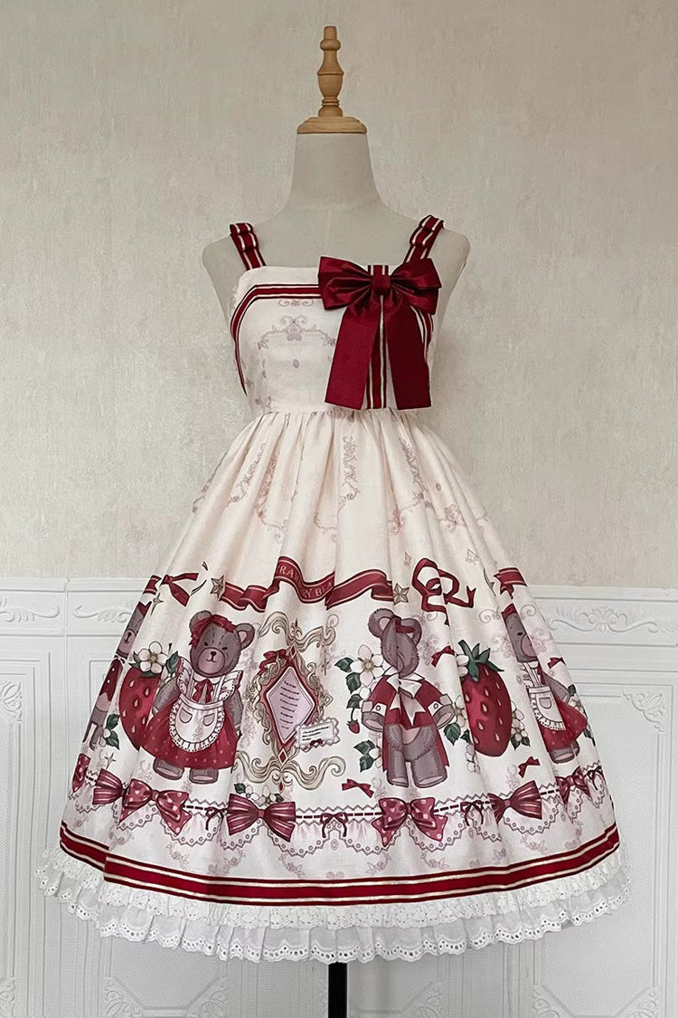 Elfenbein/Rot Erdbeerbären-Print Rüschen Schleife Süßes Prinzessin Lolita Jsk Kleid