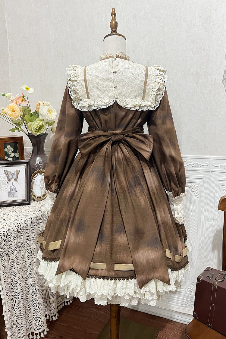 Brown [Chocolate Cat] Print Long Sleeves Ruffle Bowknot Sweet Lolita Dress