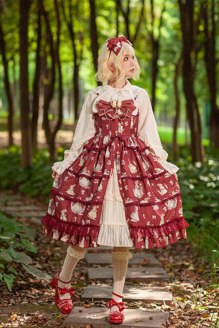 Miss Rabbit Dance Print Multi-layer Ruffle Sweet Elegant Lolita Jsk Dress 4 Colors