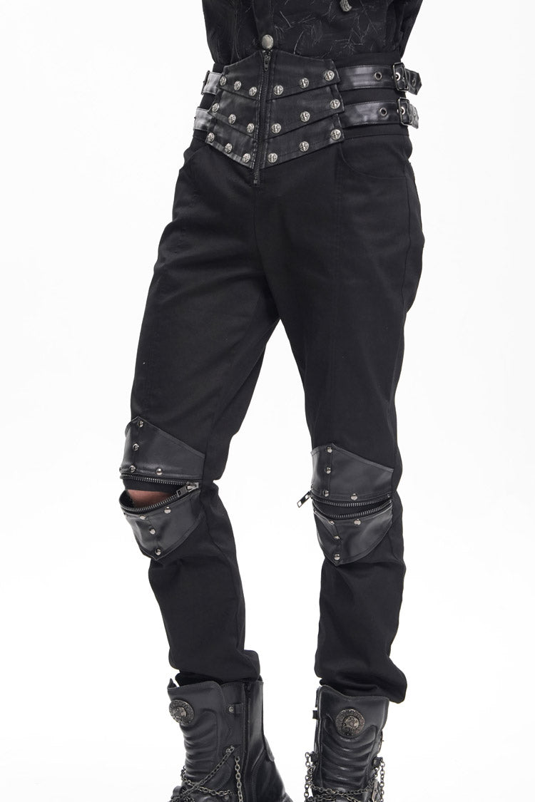 Black Stitching Buckle-up Studs Men's Gothic Pants