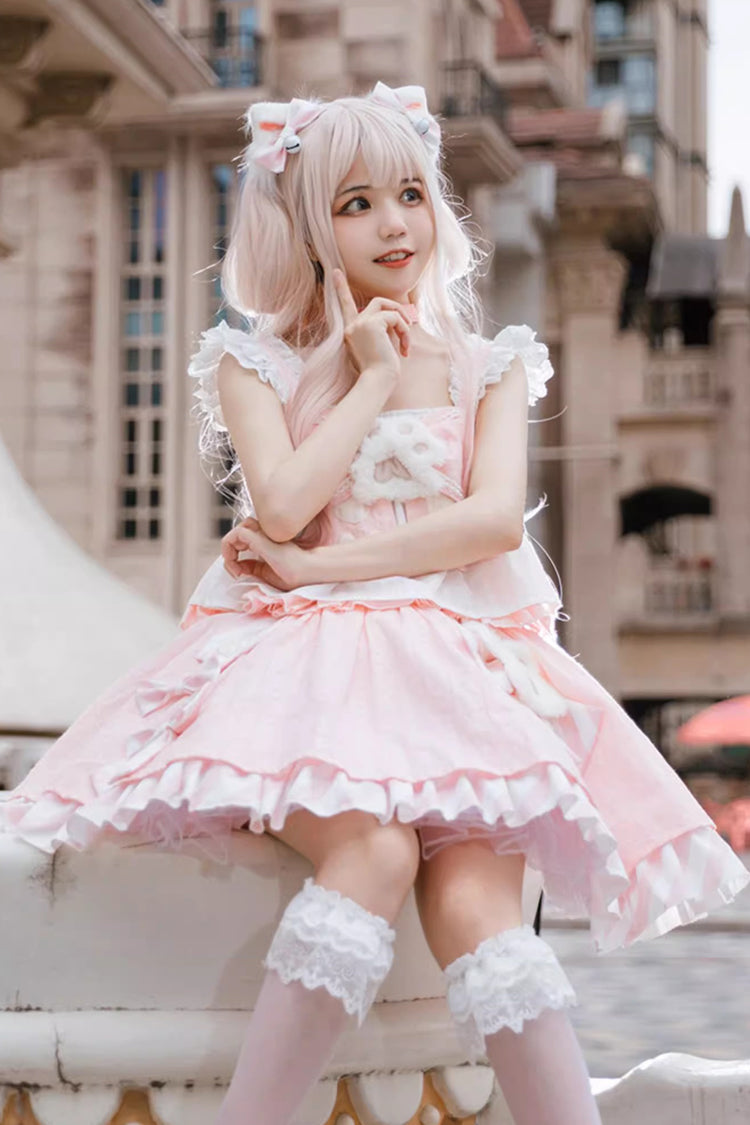 Pink [Miss Meow] Print Ruffle Bowknot Sweet Lolita Skirt Set