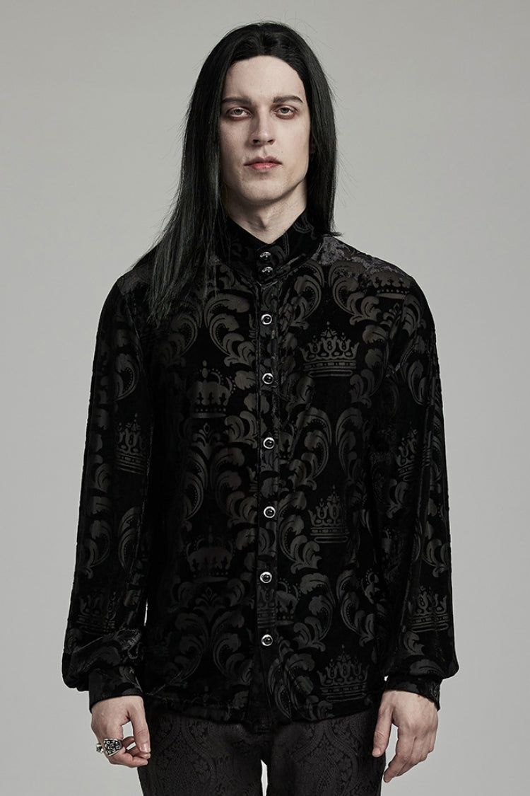 Black Stand Collar Puff Sleeves Jacquard Print Men's Gothic Blouse