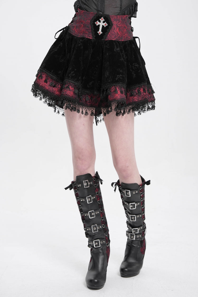 Black/Red Cross Tassel Print Women's Gothic Skirt