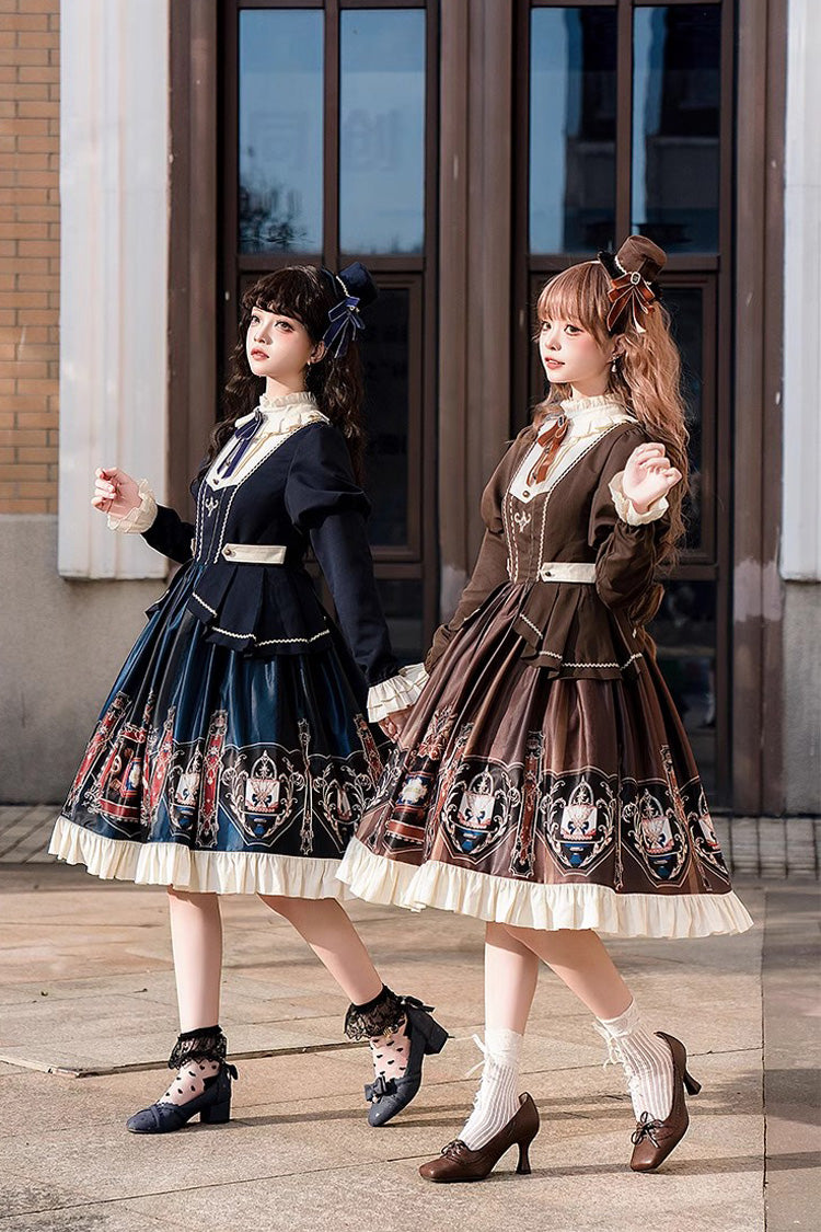 Chocolate Academy Long Sleeves Print Ruffle Vintage College Style Elegant Lolita Dress 2 Colors (Includes petticoat)