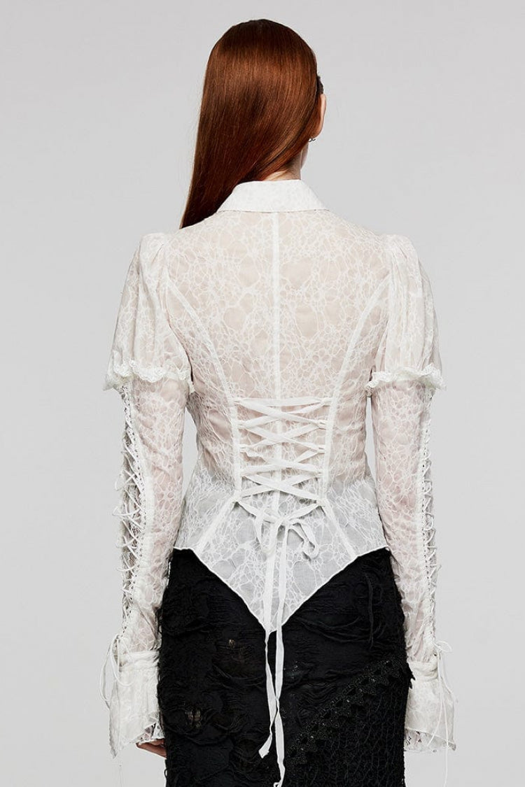 Women's Lapel Collar Long Sleeves Print Stitching Lace Gothic Blouse 2 Colors