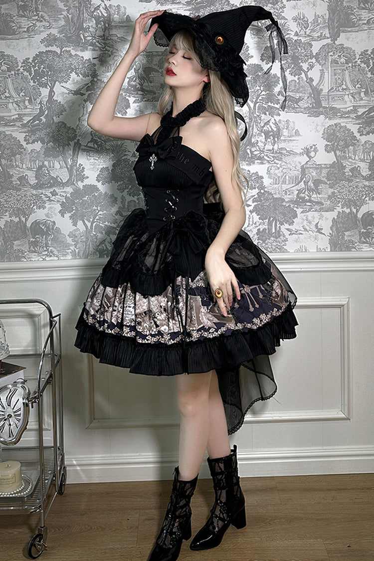 Black [The Mystery of The Doll] Halterneck Print Ruffle Bowknot Drawstring Gothic Lolita Dress