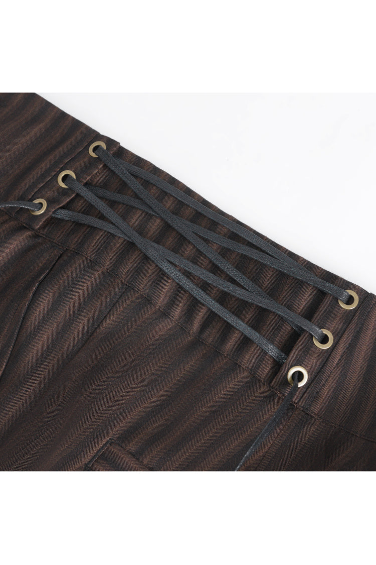 Brown High Waisted Lace-Up Striped Men's Gothic Pants