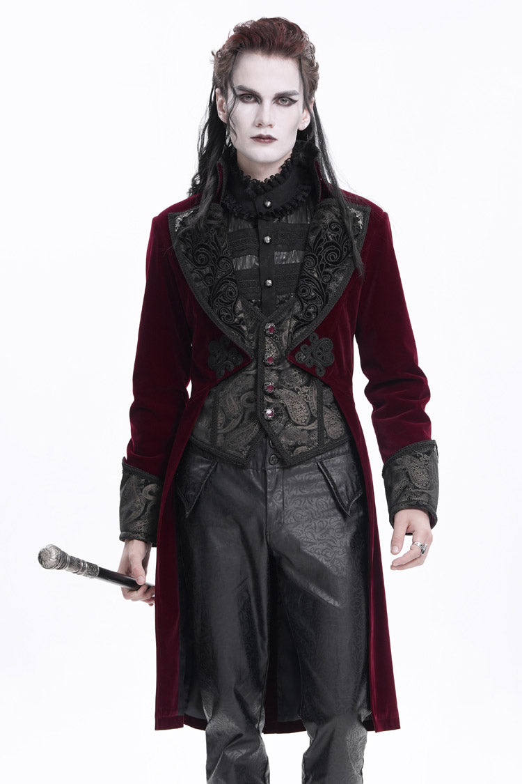 Wine Red Long Sleeves Button Floral Embroidery Men's Gothic Jacket