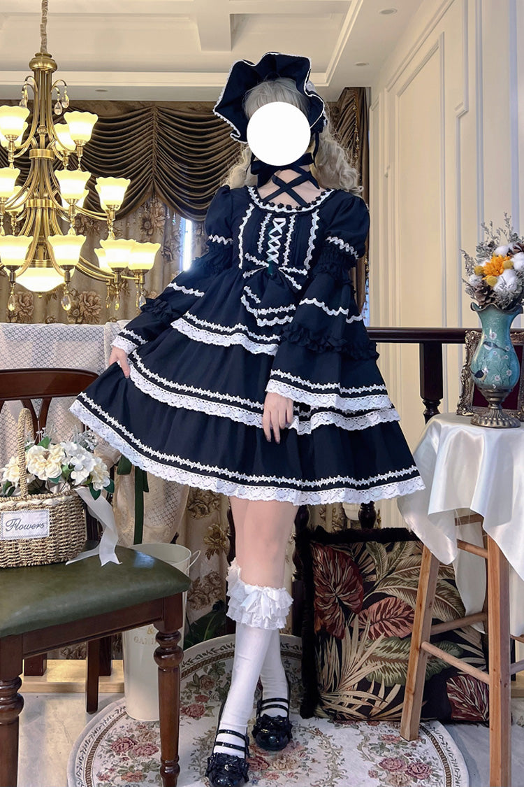 Schwarzes dreilagiges Gothic Lolita Kleid mit abnehmbaren Ärmeln und Schleife zum Schnüren