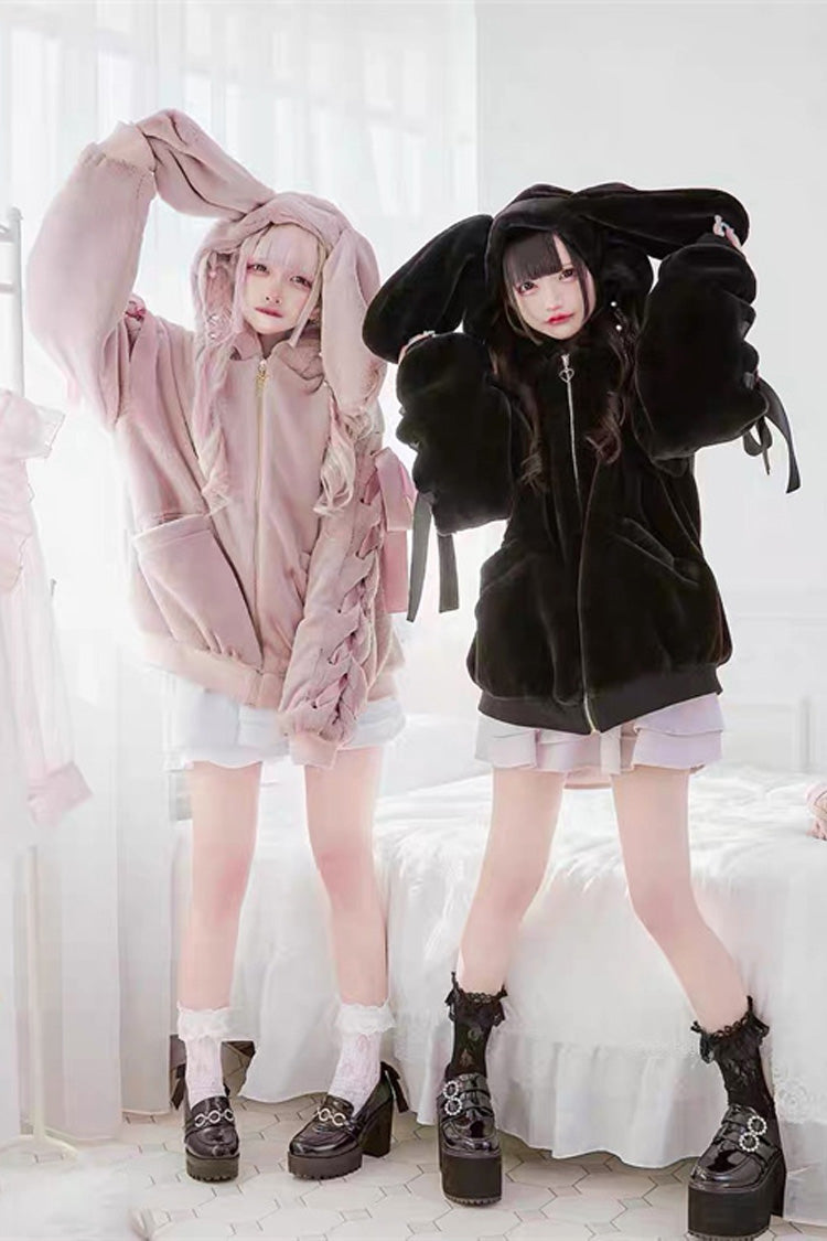 Pink Rabbit Ears Long Sleeves Bowknot Lace-Up Hooded Jirai Kei Coat