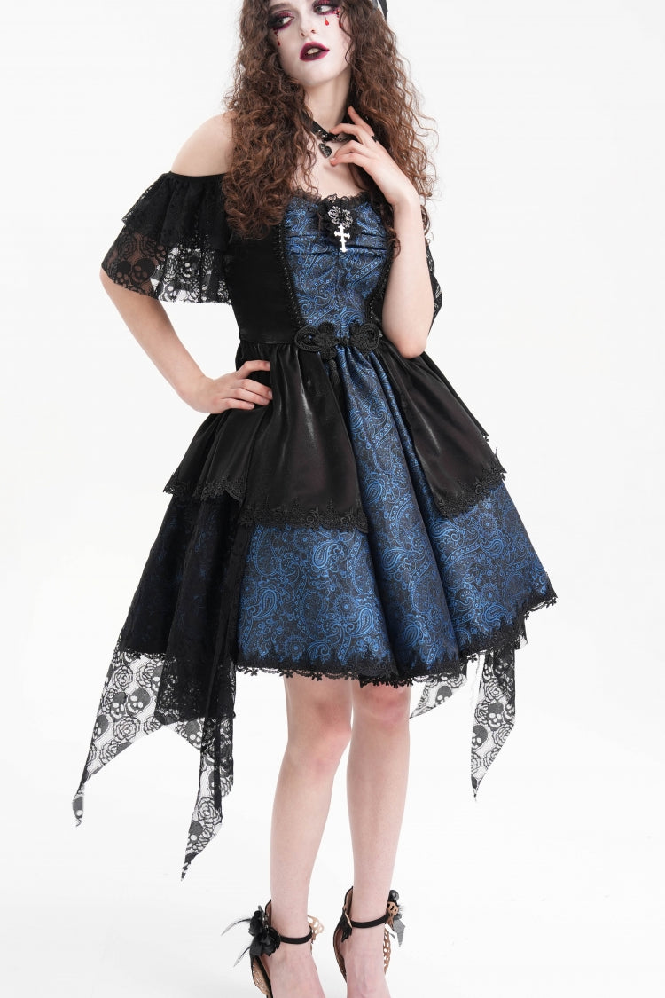 Blue Halterneck Lace Lace-Up Irregular Hem Women's Gothic Dress