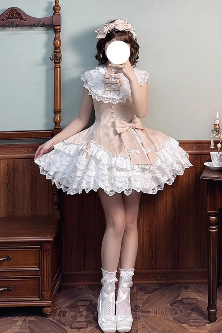 Champagne [Miss Tsundere] Sleeveless Multi-Layered Ruffle Bowknot Lace Asymmetric Sweet Princess Lolita Dress