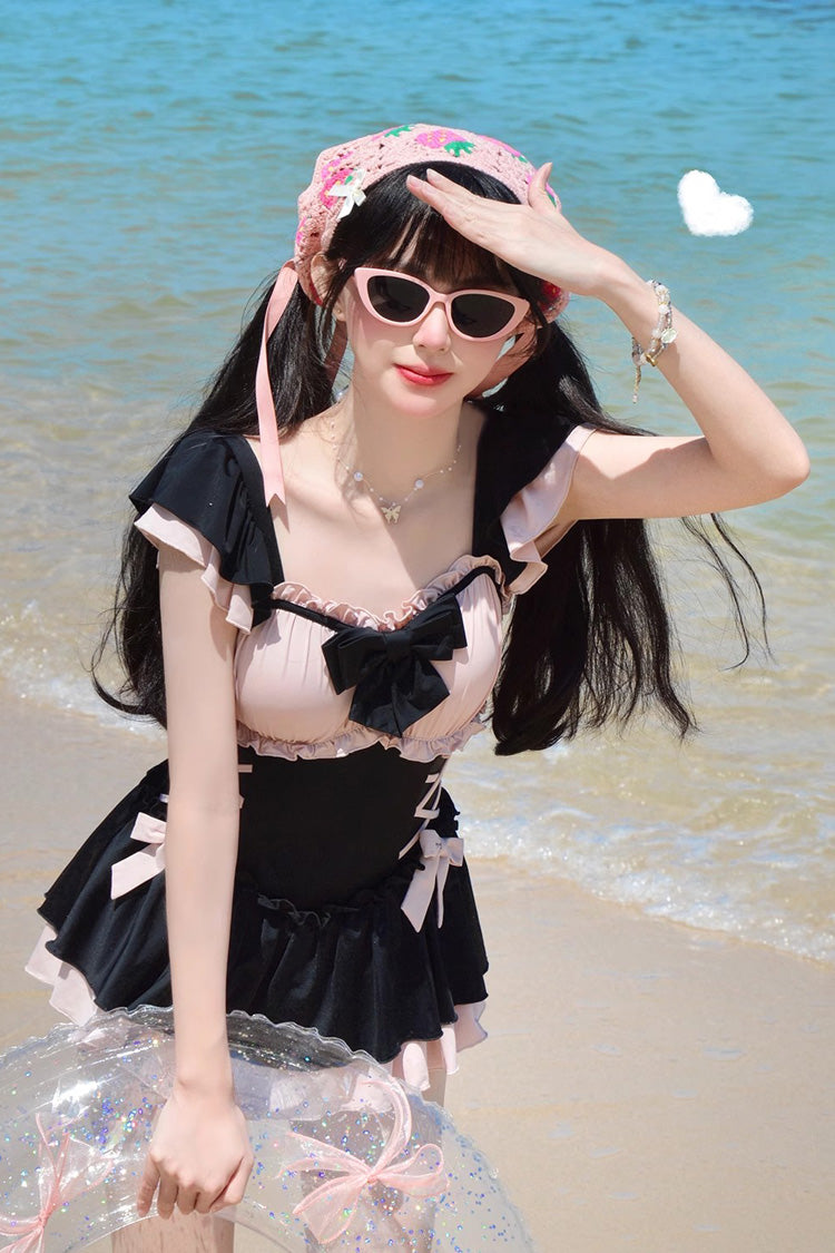 Black/Pink Ruffle Bowknot Lace-Up Sweet Lolita One-piece Swimsuit