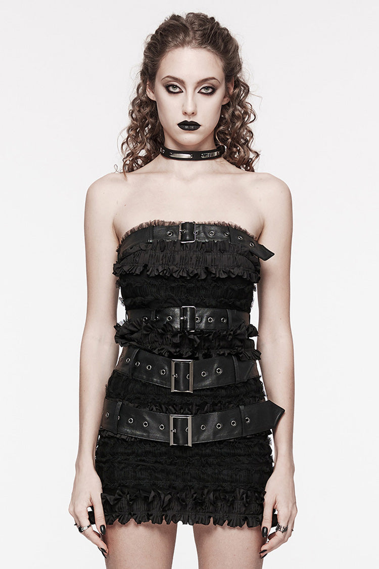 Black Sleeveless Ruffle Ripped Women's Gothic Corset with Belts