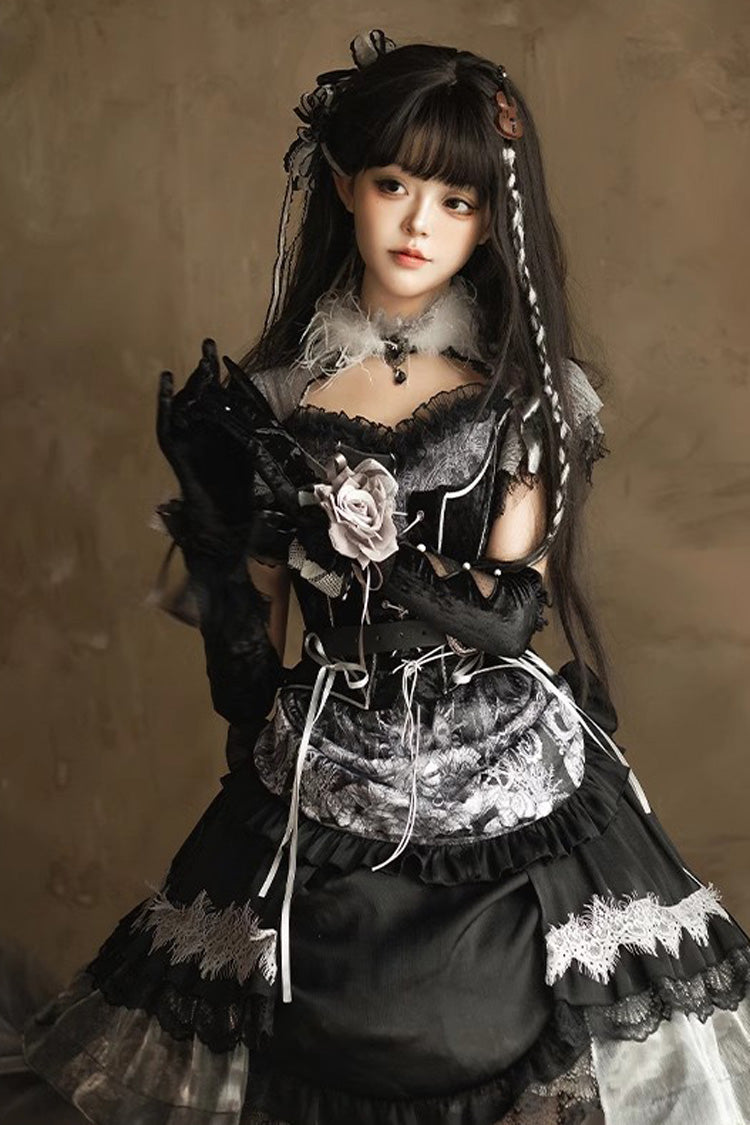 Black [Dark Night Rose] Short Sleeves Print Ruffle Bowknot Lace Asymmetric Gothic Lolita Dress