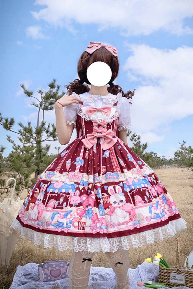 Wine Red Doll Playground Print Ruffle Bowknot Sweet Lolita Jsk Dress