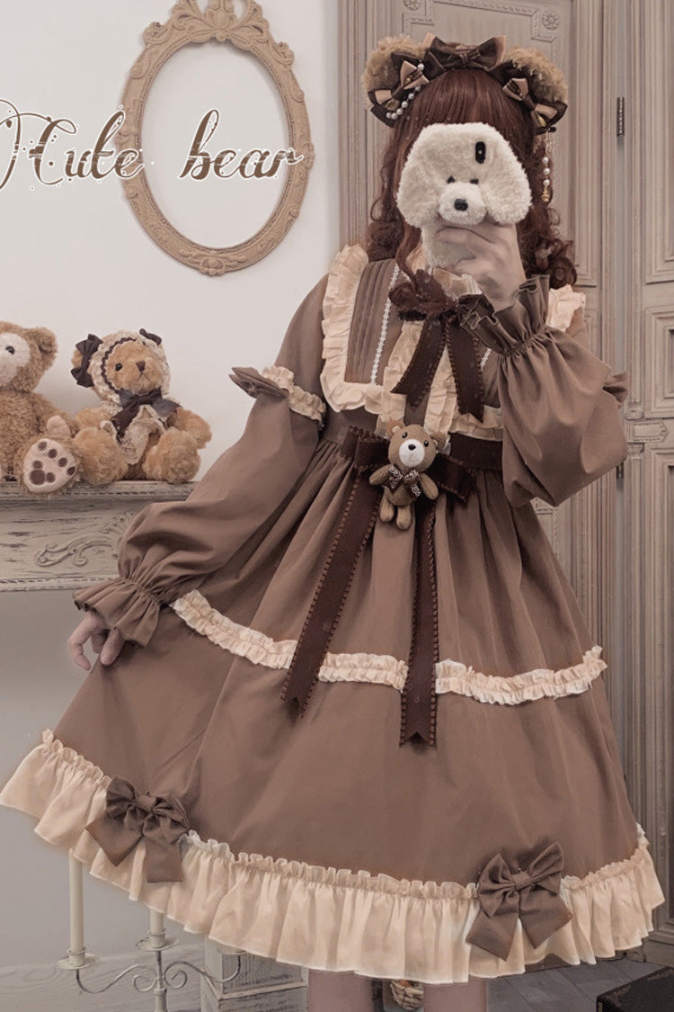 Lolita Princess Dress Kawaii Long Sleeves Sweet Girl Chiffon Fancy Dress  Brown